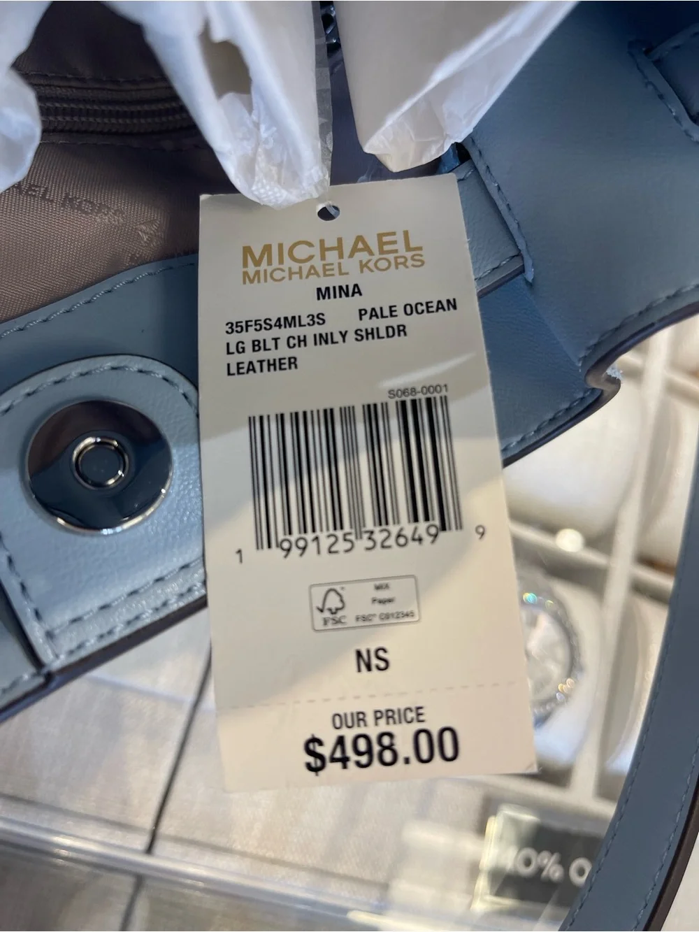Michael Kors Mina Large Suede Chain Shoulder Bag Pale Ocean Blue Leather NWT - Picture 11 of 16